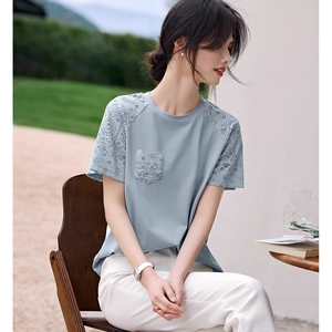 青岛外贸专柜款蕾丝拼接设计纯棉短袖T恤女2024夏减龄插肩袖上衣