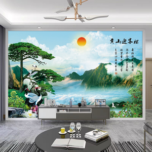 迎客松电视背景墙壁纸客厅影视墙布山水风景8d壁画新中式墙纸黄山