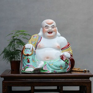 手绘陶瓷精品粉彩佛像弥勒佛笑佛大肚罗汉酒店开业礼品雕塑瓷摆件