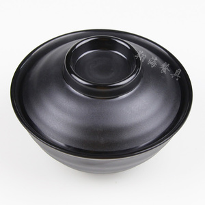嘉宝日式甜品碗带盖汤碗 4.8寸螺纹圆碗黑色密胺碗仿瓷饭碗小D161