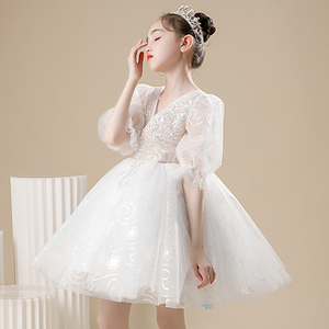 白色儿童公主裙女童生日派对高端十岁女孩主持人演出朗诵比赛服装