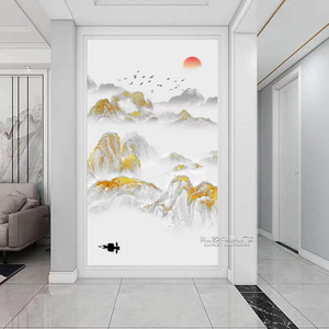 入户玄关画岩板背景墙瓷砖微晶石大板大理石立体简约新中式山水画