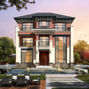 c703三层新中式小洋房别墅设计图纸农村房屋自建房效果图制作建筑