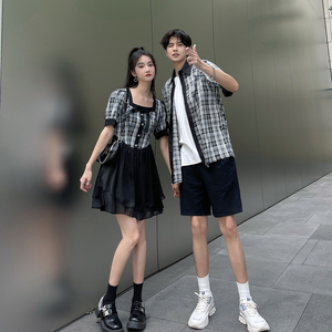 情侣装夏装网纱连衣裙