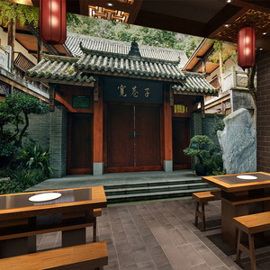 3d立体中式古典四合院建筑墙纸中餐厅酒店包厢火锅店复古装修壁纸