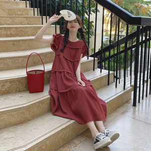 红色小飞袖连衣裙女2024新款法式甜美小众设计宽松显瘦森系蛋糕裙
