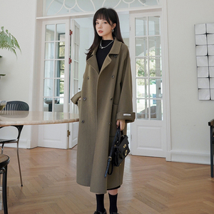 橄榄绿双面呢羊绒大衣女2021秋冬新款韩版气质中长款过膝毛呢外套