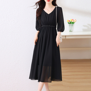 法式黑色连衣裙女夏季新款洋气女士雪纺裙子高级气质时尚纱料长裙
