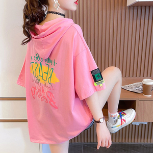 连帽短袖t恤女夏季新款韩版创意字母印花上衣休闲纯棉半袖卫衣潮