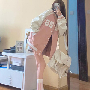韩国潮牌棒球服女粉白色拼接学院风减龄外套春季美式字母休闲夹克