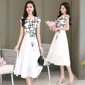 中长款修身条纹雪纺短袖连衣裙-淘宝拼多多热销中长款修身条纹雪纺