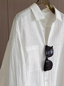 韩版白色棉麻防晒衬衫女夏季薄中长款宽松慵懒高级感亚麻上衣外套