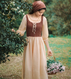 欧洲中世纪法式复古田园风宫廷系带抽绳假两件连衣裙女夏森系长裙