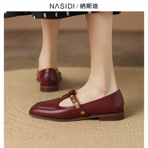 复古圆头丁字鞋女真皮铆钉平底小皮鞋2022新款一字扣玛丽珍单鞋春