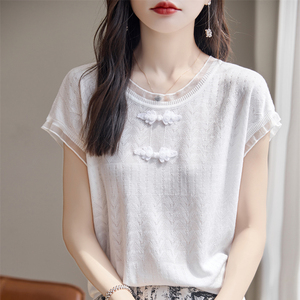 新中式天丝短袖女夏季薄款设计感拼接针织衫2024新款洋气圆领上衣