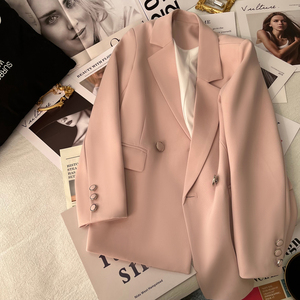 粉红色西装外套女2022年春季新款双排扣修身型长袖小个子气质西服