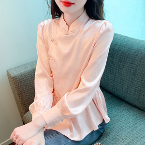 小个子粉色盘扣雪纺衫新中式国风缎面衬衫女裙摆遮肚长袖上衣秋装