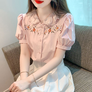蕾丝花边娃娃领雪纺衫韩系甜美泡泡袖上衣女夏季减龄花朵刺绣衬衫