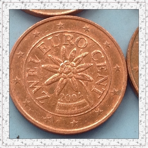 奥地利2欧分雪绒花铜币 特价2枚1.2元