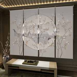 新中式花鸟半透卷帘窗帘隔断帘客厅挂帘电动屏风帘装饰帘免打孔