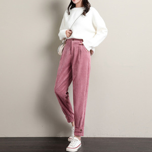 粉色灯芯绒裤子女小个子春秋2021冬季新款高腰显瘦束脚哈伦萝卜裤