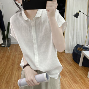 【棉麻】短袖衬衫女款夏季新款白色纯棉亚麻上衣复古夏装减龄衬衣