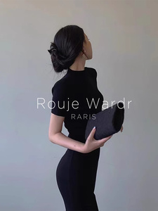 Rouje Wardr法式赫本风包臀针织连衣裙女夏季打底小黑裙紧身长裙