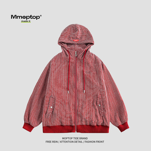 Mmoptop2024春季新款红色开衫连帽卫衣男款外套港风宽松休闲夹克