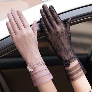 夏季女式手部防晒手套女士骑车开车学车触屏冰丝黑色蕾丝手袜薄款