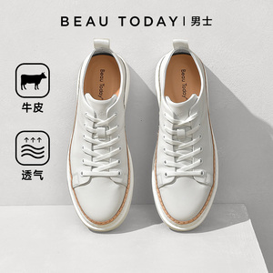 BeauToday休闲皮鞋男士中帮白色板鞋真皮小白鞋厚底增高2024新款