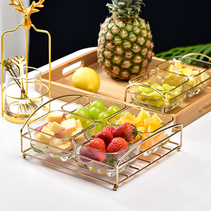 喜嘉语金架分格果盘果盘高颜值金色铁艺方形四六格零食盘水果拼盘
