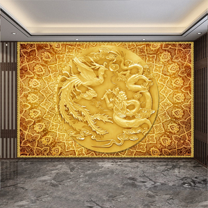 中式浮雕龙凤呈祥双喜壁画中国龙酒楼背景墙饭店大厅大型无缝壁纸