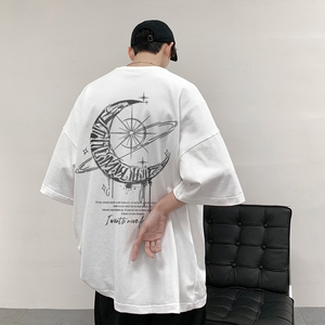 月亮纯棉短袖T恤男夏季新款美式潮牌260g重磅宽松休闲半截袖体恤
