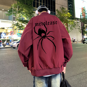 美式复古酒红色蜘蛛棒球服外套男夏季2024新款潮牌青少年飞行夹克