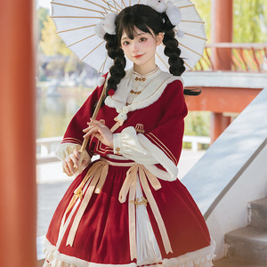 春侣新年兔兔原创红色新年战袍lolita裙汉元素秋冬洛丽塔裙意向金