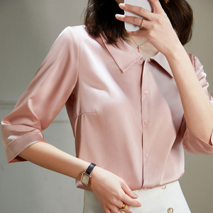缎面真丝衬衫女设计感小众春夏丝质七分袖宽松垂感百搭ol女士衬衣