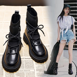 真皮jk马丁靴女鞋冬短款针织弹力靴夏透气连袜靴2021新款春秋单靴