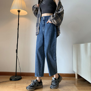 老爹裤女款2023新款小个子秋装搭配显高八分裤高腰萝卜哈伦牛仔裤