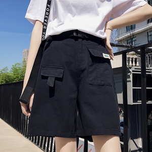 工装短裤女夏宽松直筒显瘦百搭原宿风chic港味五分裤子高街ins潮