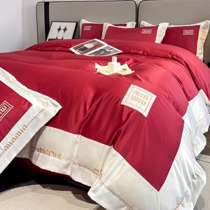 夏季冰丝四件套丝滑裸睡床单被套床笠款简约结婚红色真丝床上用品