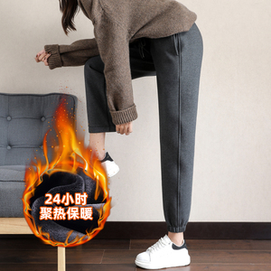 加绒运动裤女冬季宽松束脚灰色八分小个子加厚外穿九分休闲灯笼裤