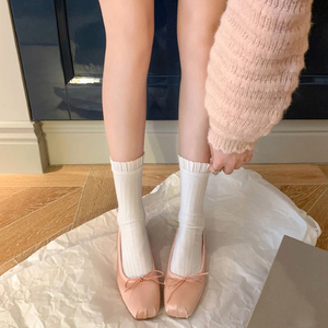 芭蕾风白色袜子女夏季薄款纯色竖条纹中筒袜少女纯欲百搭花边袜子
