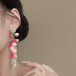 复古粉色花朵水晶流苏耳环夸张度假风耳钉小众设计显脸小长款耳饰