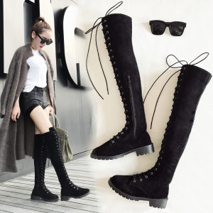 2021秋冬高筒交叉绑带绒面大码长靴系带高跟长筒骑士过膝女靴子