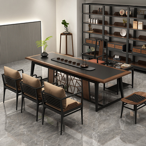 新中式茶桌椅组合北美黑胡桃茶台实木会所茶几办公室茶室家具定制