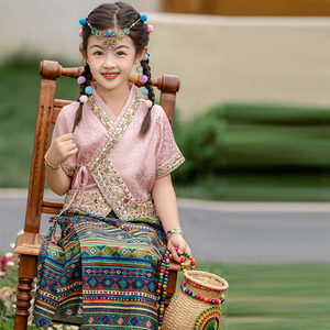 傣族汉服女童民族风套装夏季新款中国风短袖提花上衣半身裙两件套
