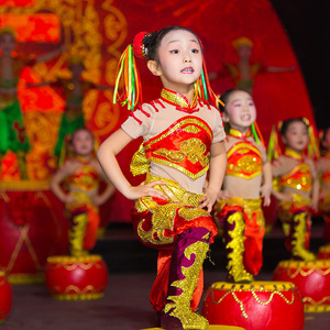 儿童腰鼓服装打鼓服开场舞舞蹈演出服中国风舞台喜庆表演服男女童