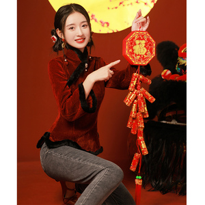 红色唐装旗袍拜年服冬季长袖小个子过年服女大人中式马甲小袄上衣