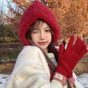 韩版红色毛线手套女秋冬季加长保暖针织分指防冻手露指可触屏手套