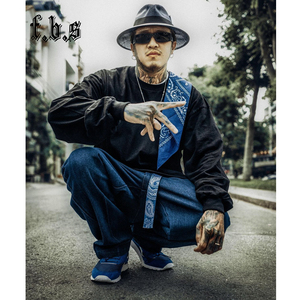 西海岸奇卡诺嘻哈街舞说唱美式重磅圆领小领口宽松纯色长袖t恤